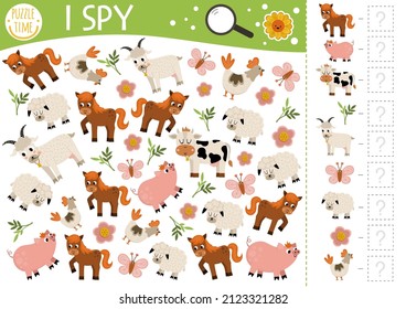 Farm animals I spy game for kids. Searching and counting activity with goat, horse, sheep, hen, pig, cow. Rural village printable worksheet for preschool children. Simple on the farm spotting puzzle
