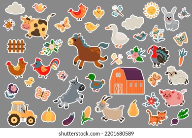 Farm animals sticker set. Drawn style. Vector illustration.
