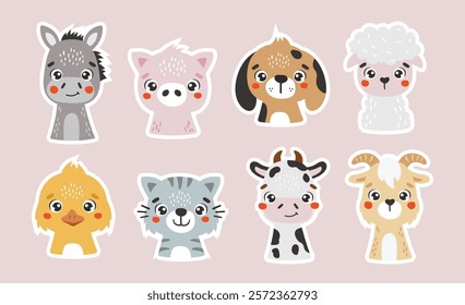 Farm animals Stickers, cute farm animals, kids illustrations, farm vector, cartoon