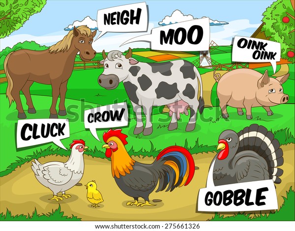 Farm\
animals talks sound cartoon educational\
illustration
