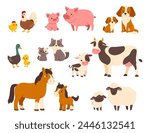 Farm animals with their baby. Cartoon pet animal family. Mothers and kids. Domestic parents and children. Mom pig with piglet, cute cow and calf. Vector set. Adorable countryside characters