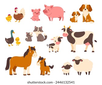 Animales de granja con su bebé. Caricatura de la familia animal de compañía. Madres y niños. Padres domésticos e hijos. Cerdo de mamá con lechón, vaca linda y ternera. Juego de Vectores. Adorables personajes del campo