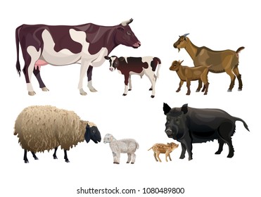 Farm animals and their kids. Cow, goat, sheep and pig. Vector illustration isolated on white background