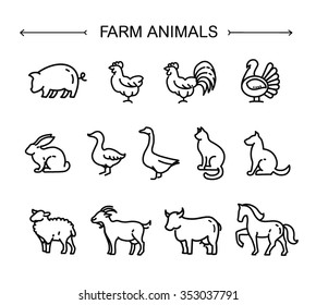 Farm animals, thin line style, flat design