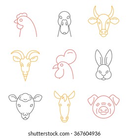 Farm animals, thin line style, flat design.