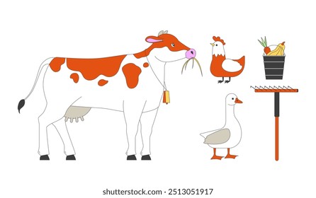 Farm animals with tools 2D cartoon characters, objects set. Husbandry habitats with vegetables and instruments isolated personages, items flat vector on white background. Spot illustrations collection