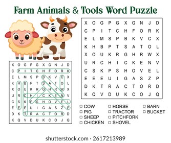 Farm Animals and Tools Word Puzzle for kids