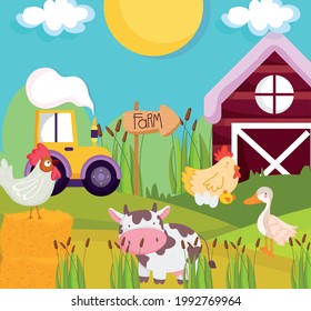 farm animals and tractor cartoon