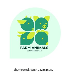 Farm animals trendy logo. Logotype for livestock company, animal husbandry. Label for farm products, meat food, BIO market. Sign for agricultural business. Vector icons with cow, pig, chicken and ram.