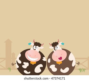 Farm animals: two happy cows. Two happy animals on farm. Happy cow characters illustration.