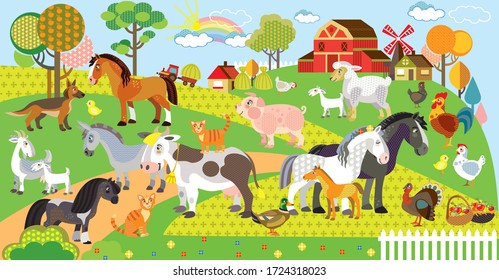 Farm animals vector cartoon illustration in flat style. Vector horizontal set of funny cute animals on farm. Great for printed products and souvenirs. Stock illustration