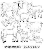 Farm animals. Vector and cartoon isolated black/white characters.