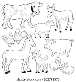 Farm animals. Vector and cartoon isolated black/white characters.