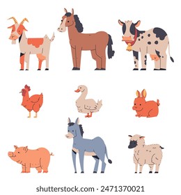 Farm animals vector cartoon set isolated on a white background.