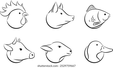 Farm animals vector chicken, pig, fish, cow, goat, duck, head icon symbol stylized outline, food meat type