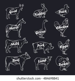 farm animals vector collection. Butchery logo and label with text. White illustration on dark background
