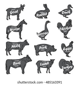 farm animals vector collection. Butchery logo and label with text. Monochrome illustration isolated on white