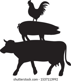 Farm animals vector design silhouettes (cow, rooster and pig)