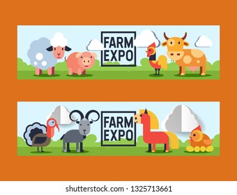 Farm animals vector domestic farming animalistic characters backdrop illustration set background banner
