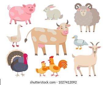 Farm animals vector flat collection isolated on white background. Set of animals includes cow, pig, goat, sheep, turkey, rabbit, duck, hen, rooster and goose in cartoon design.