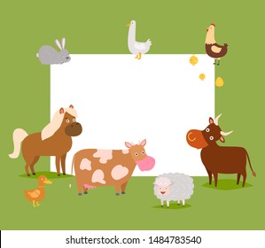 Farm animals vector frame illustration. Cow, hourse, chicken and duck with rabbit and sheep. Card template for birthdays and parties with space for your text. Cute cartoon farm animals.