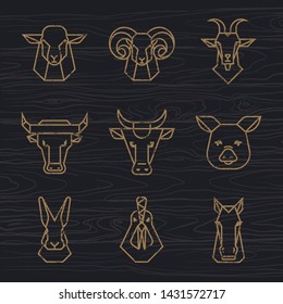 Farm animals vector icon set of 9 illustrations isolated in wood vector background.