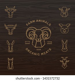 Farm animals vector icon set of 9 illustrations isolated in wood vector background.