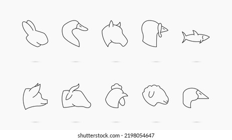 Conjunto de iconos vectoriales de animales de granja. Vector lineal para animales domésticos