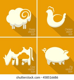 Farm animals vector icon set. Sheep, cow, pig, chicken icons