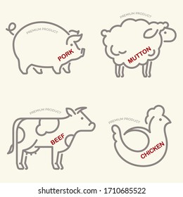 Farm Animals Vector Icon. Sheep, Cow, Pig And Chicken Linear Icons.