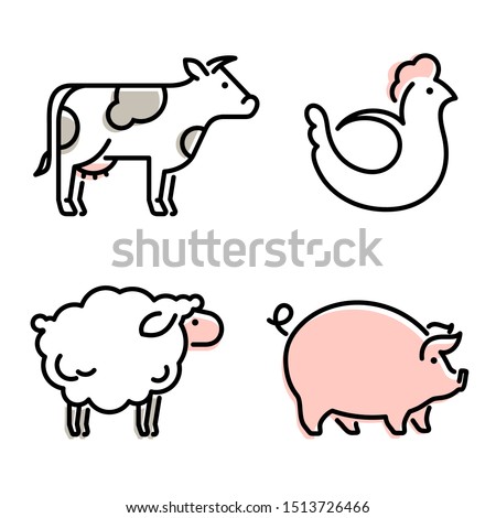 Farm animals vector icon. Sheep, cow, pig and chicken linear icons.
