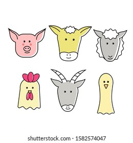 
Farm animals vector icons. Pig, cow, sheep, chicken, goat, duck. Stock vector illustration.