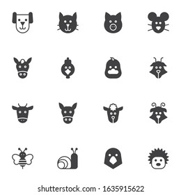 Farm animals vector icons set, modern solid symbol collection, Animals heads filled style pictogram pack. Signs, logo illustration. Set includes icons as horse, rooster, cow, chicken, goat, donkey