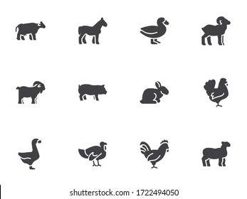 Farm animals vector icons set, modern solid symbol collection, filled style pictogram pack. Signs, logo illustration. Set includes icons as cow, pig, sheep, goat, rooster, chicken, turkey, rabbit, hen