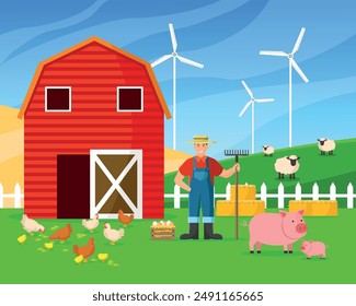 Farm with animals vector illustration. Cartoon farmer with pig, chickens, sheep and windmill.