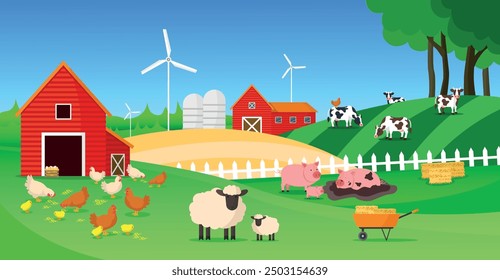 Ilustración vectorial de animales de granja. Paisaje de granja de dibujos animados con vacas, cerdos, ovejas y pollos.