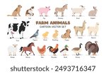 Farm animals vector illustration set. Domestic animals cartoon clipart set in flat style. Dog, cat, pig, donkey, goat, turkey, rabbit, dairy cow, pigeon, sheep, chicken, hen, duck, flat vector design