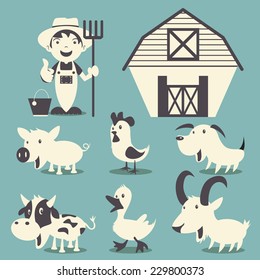 Farm animals vector illustration set collection, little farmer