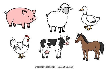 Farm animals vector illustration set.