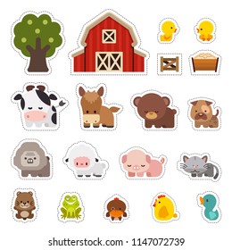 Farm Animals Vector Illustration, Stickers With Domestic Animals, Colorful Set Of Cute Farm Animals