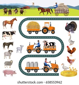 Farm and farm animals. Vector illustrations