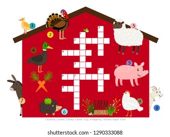 Farm animals vector kids crossword template isolated. Illustration of game brainteaser for children