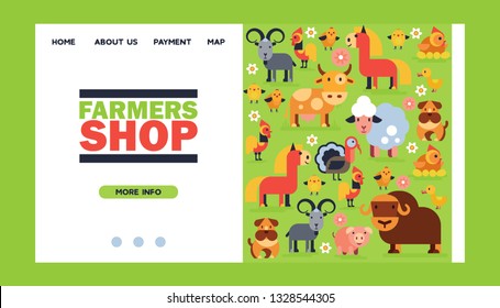 Farm animals vector landing we page domestic farming characters cow and sheep pig turkey dog horse farmer animals backdrop set illustration web-site background