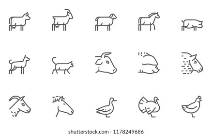 Farm Animals Vector Line Icons Set. Livestock, Poultry, Animal Husbandry, Cattle Breeding. Editable Stroke. 48x48 Pixel Perfect.