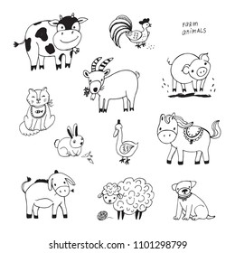 farm animals vector line illustrations set
