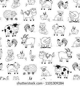 farm animals vector line seamless pattern