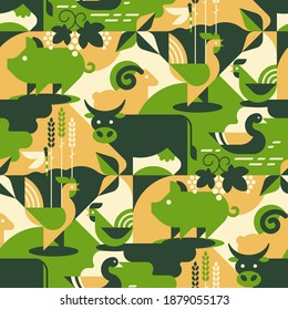 Farm Animals Vector Seamless, abstract geometric pattern with cow, dragonfly, cock, a hen, chiken, pig, ram, goose, duck, sheep. Perfect for camouflage fabric, textile, wallpaper.