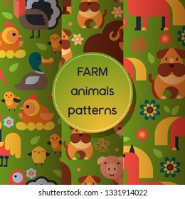 Farm animals vector seamless pattern domestic farming animalistic characters cow and sheep pig dog horse and chicken farmer animals illustration set background