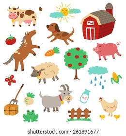 Farm Animals Vector Set. Country farm illustration collection, flat cartoon drawing, cute horse, dog, sheep, pig, cow, goat, chicken, and several dairy products and farm objects in vector eps10.