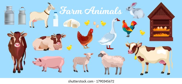 Farm animals vector set with cows, pig, goat, sheep, lamb, goose, perch, can. Husbandry farming animals collection in cartoon flat style with dairy products, chicken, eggs, milk bottle, rabbit